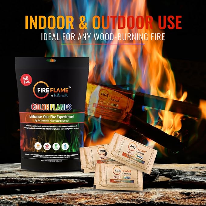 Fireflame Fire Color Changing Packets - Magic Colorful Fire Flames - 60 Pack - for Outdoor FirePit, Fireplace, Bonfire, Campfire, Camping Accessories for Kids & Adults