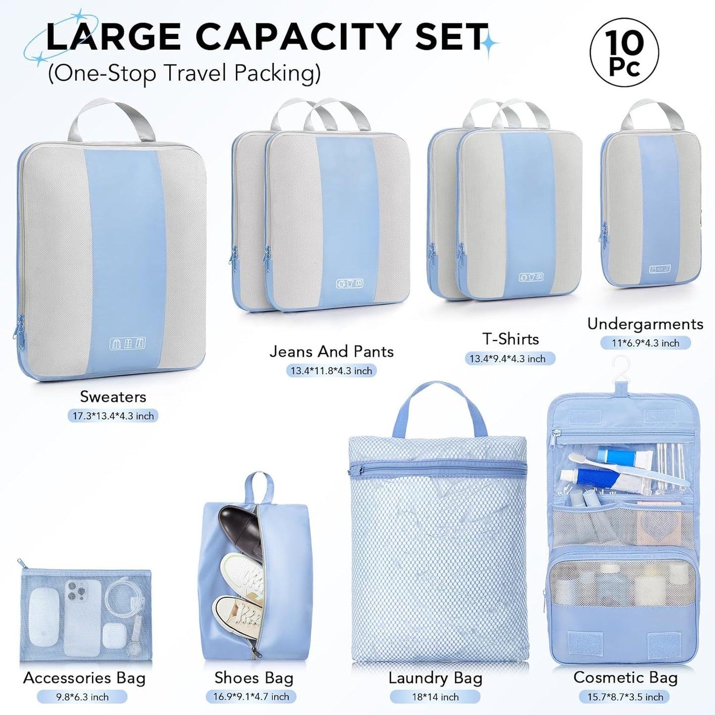 10 Set Compression Packing Cubes for Travel Essentials,Compressible Expandable Packing Cubes for Suitcase,OlarHike Luggage Organizer Bags for Travel,Handy Helper for Organizing Clothes(Light Blue) - Roamly