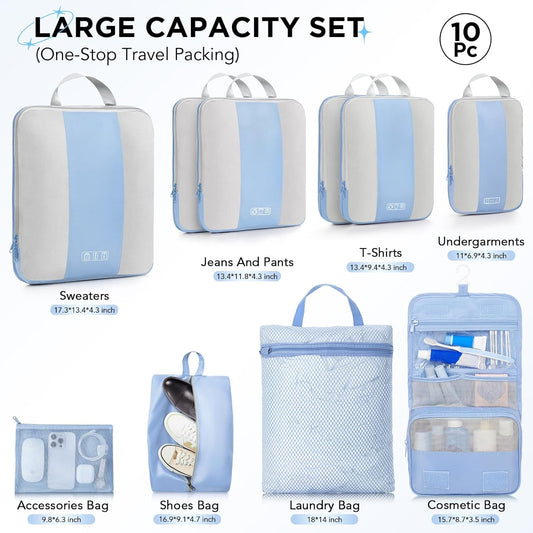 10 Set Compression Packing Cubes for Travel Essentials,Compressible Expandable Packing Cubes for Suitcase,OlarHike Luggage Organizer Bags for Travel,Handy Helper for Organizing Clothes(Light Blue) - Roamly