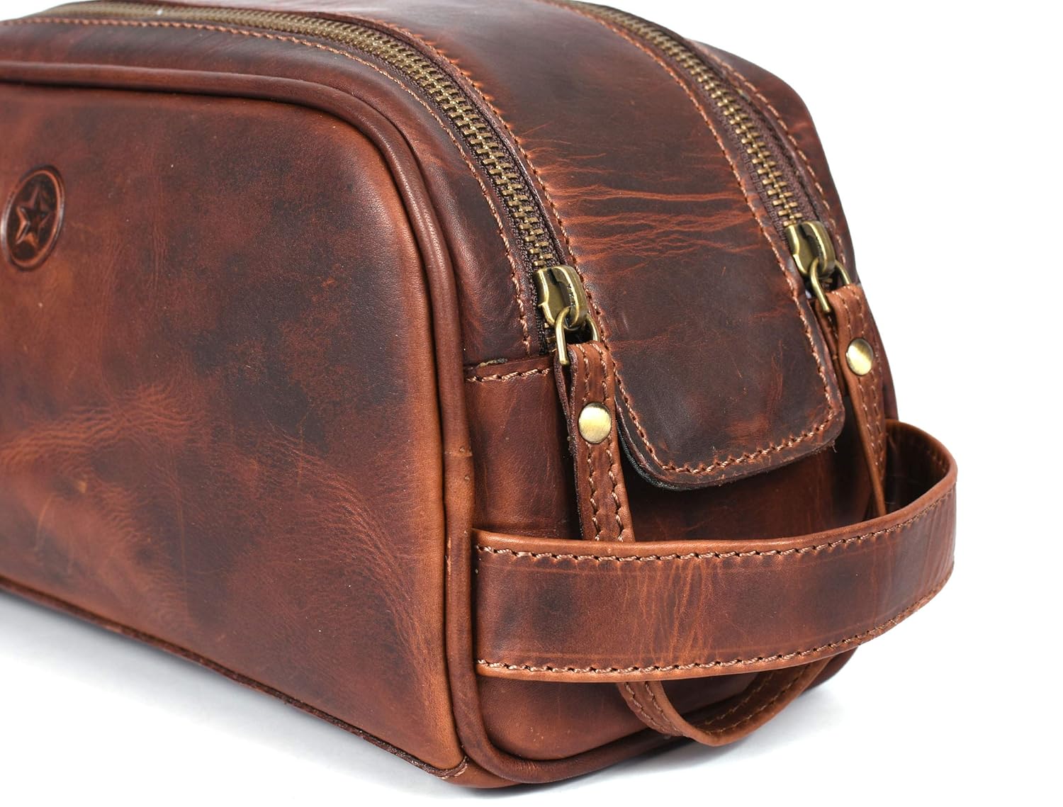 10" Premium Leather Toiletry Travel Pouch With Waterproof Lining | King-Size Handcrafted Vintage Dopp - Kit Gift for Father's Day By Aaron Leather Goods - Roamly