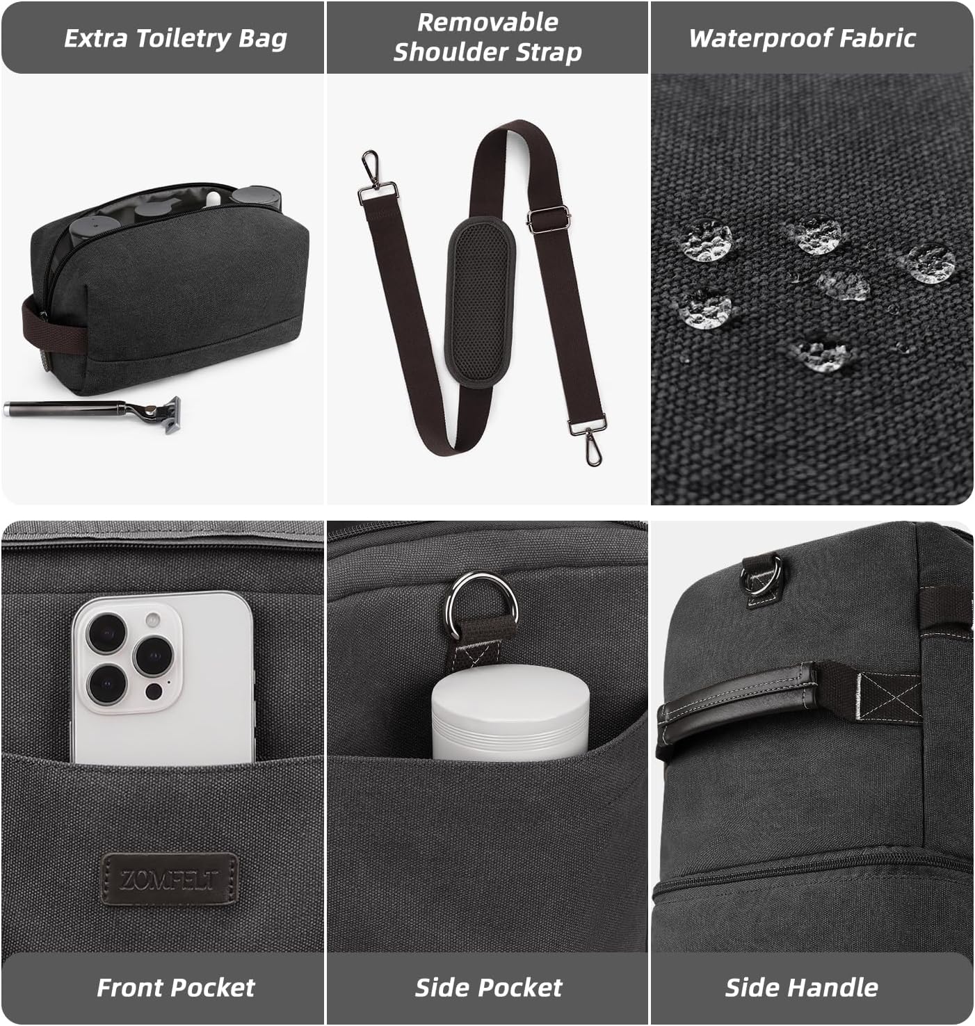 ZOMFELT Travel Duffle Bag for Men, Waterproof Canvas Overnight Duffel Bag with Removable Dividers & Shoe Compartment, Carry On Weekender Gym bag, Multi-Pocket & Vintage Design (Washed Black) - Roamly