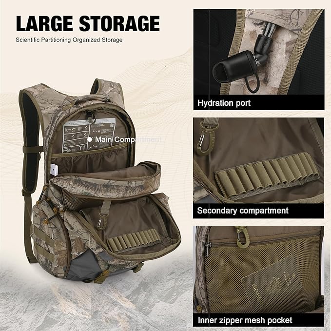 Mardingtop Camo Hunting Backpack for Bow Rifle Gun，Large Capacity Tactical Hunting Day Pack with Rain Cover for Hunting Camping Hiking