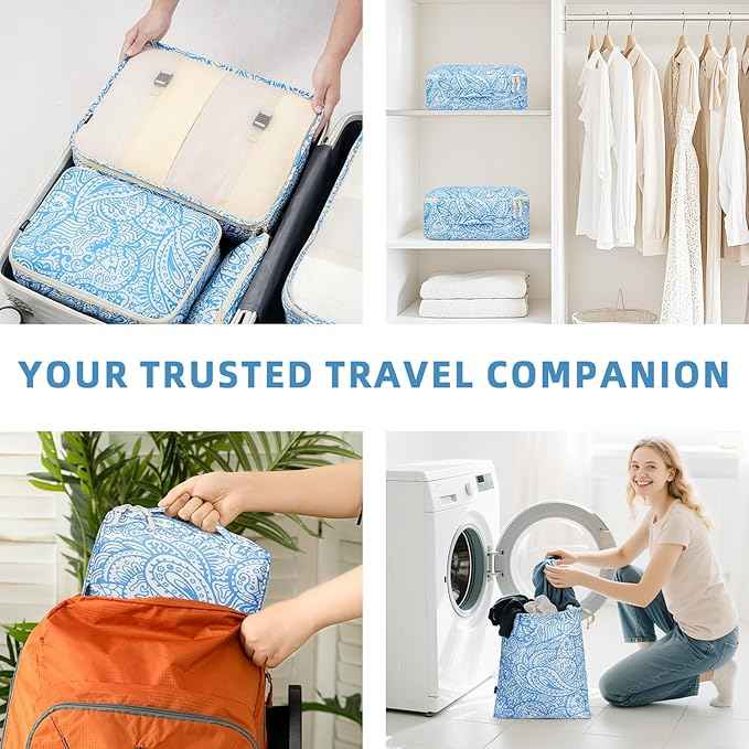 BAGAIL 8 Set Packing Cubes Luggage Packing Organizer Bags for Travel Accessories-Blue paisley