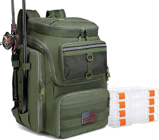 HAMBOLY Fishing Backpack with Rod Holders, 40L Tackle Box Backpack for Fishing Gear, Waterproof Fishing Bag for Men