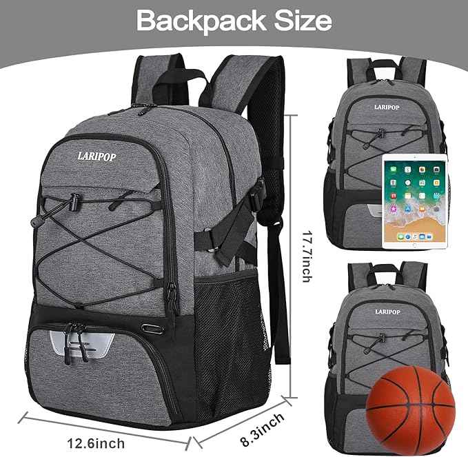 LARIPOP Basketball Bag, Sports Backpack with Ball Holder & Shoe Compartment, Water Resistant Gym Bag for Soccer Volleyball Travel