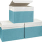 Large 17" 42 Quarts Collapsible Stackable Storage Bins with Lids [3-Pack] Foldable Fabric Linen Storage Boxes Cube, Closet Organizer Baskets with Label for Home (16.7 x 12 x 12", Teal & White)