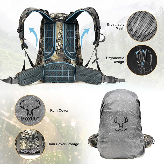 MOXULE Hunting Backpack Waterproof Pack: 25L Hunting Gear with Rain Cover,Hunting Day Pack with Rifle Bow Gun Holder (Camo)