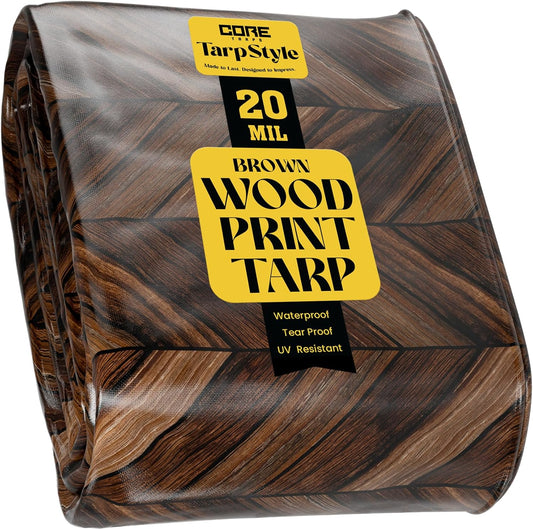 Core Tarps Extreme Heavy Duty 20 Mil Tarp Cover, Waterproof, UV Resistant, Rip and Tear Proof, Poly Tarpaulin with Reinforced Edges for Roof, Camping, Patio, Pool, Boat (Brown Wood/Black 25′ X 45′)