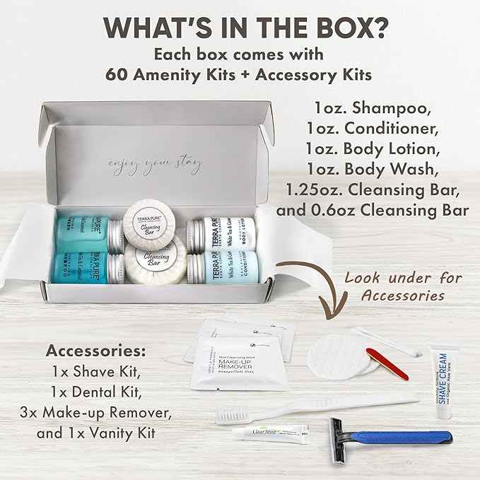 Terra Pure White Tea & Coconut Amenity & Accessory Kit |1oz Travel Size Shampoo, Conditioner, Lotion, Body Wash, 2 Cleansing Bars, Shave & Dental Sets, Make-Up Remover Wipes, & Vanity Kit | 60 Boxes