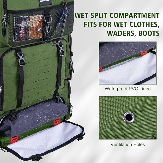Goture Fishing Backpack with Cooler, 72L 600D Tackle Backpack Included 4 3700 Tackle Boxes, Dry & Wet Split Compartment, Large Fishing Tackle Bag with Rod Holders,Rain Cover for Travel Camping Hiking