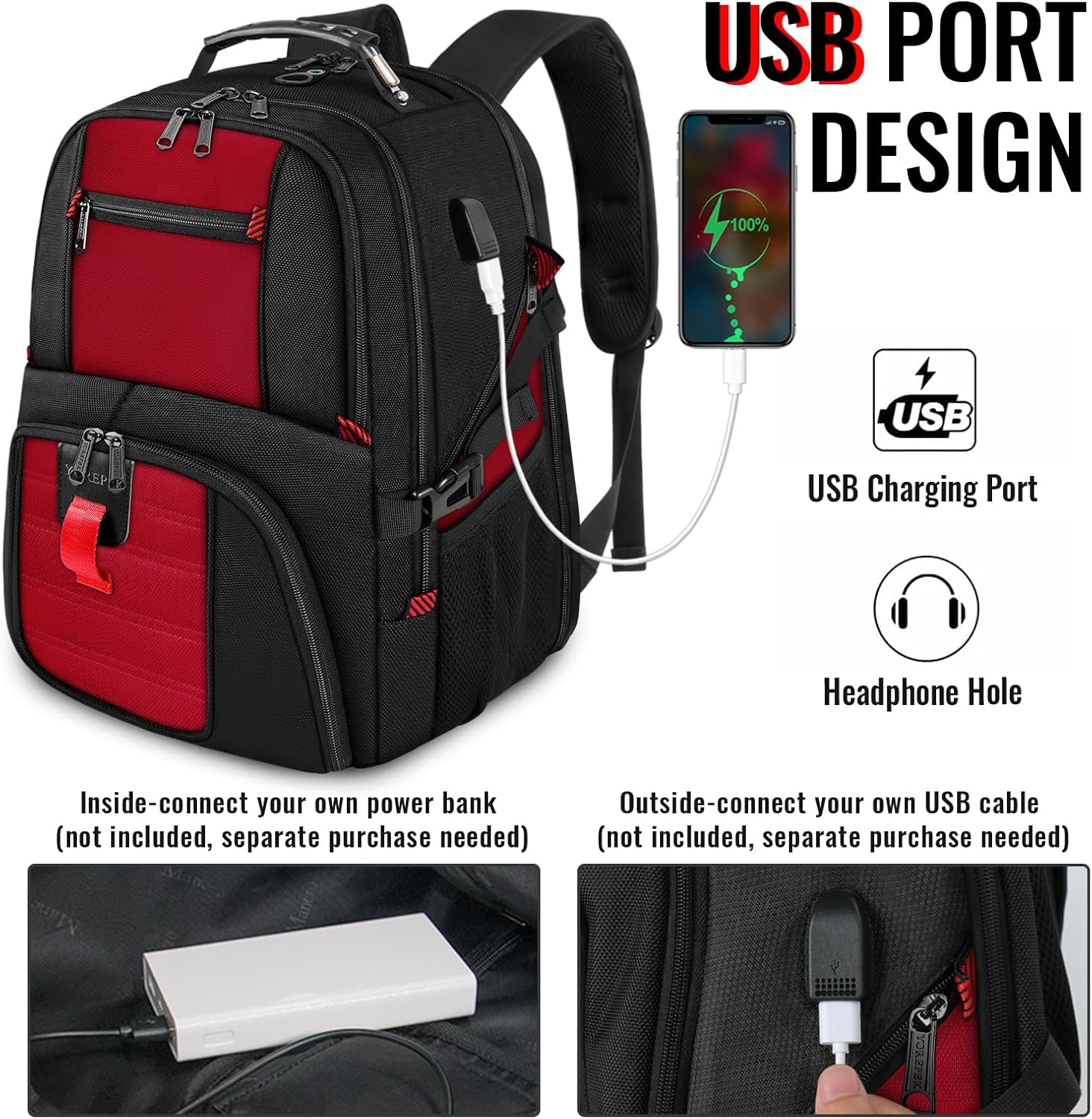 YOREPEK 18.4 Laptop Backpack,Large Backpacks Fit Most 18 Inch Laptop with USB Charger Port,TSA Friendly Flight Approved Weekend Carry on Backpack with Luggage Strap for Men and Women, Red - Roamly
