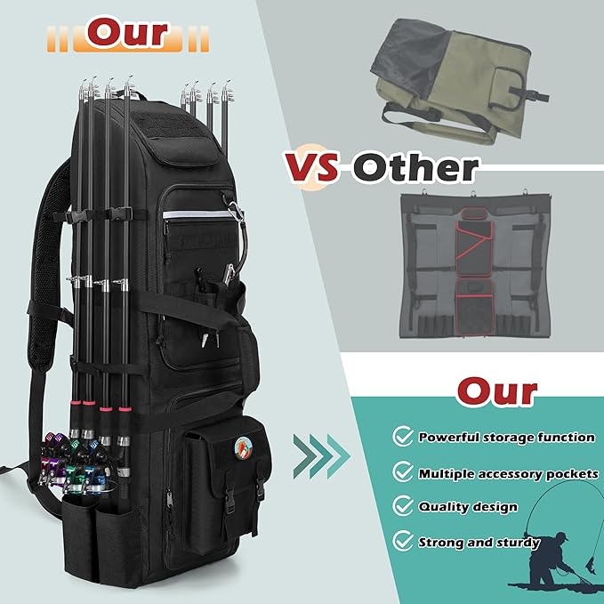 Rexmica Fishing Rod Bag Backpack Holds 8 Rods & Reels, Fishing Tackle Bag with Compartment for Tackle Boxes, Fishing Gear or Equipment, Fishing Pole Carrying Bag with Tactical Molle System