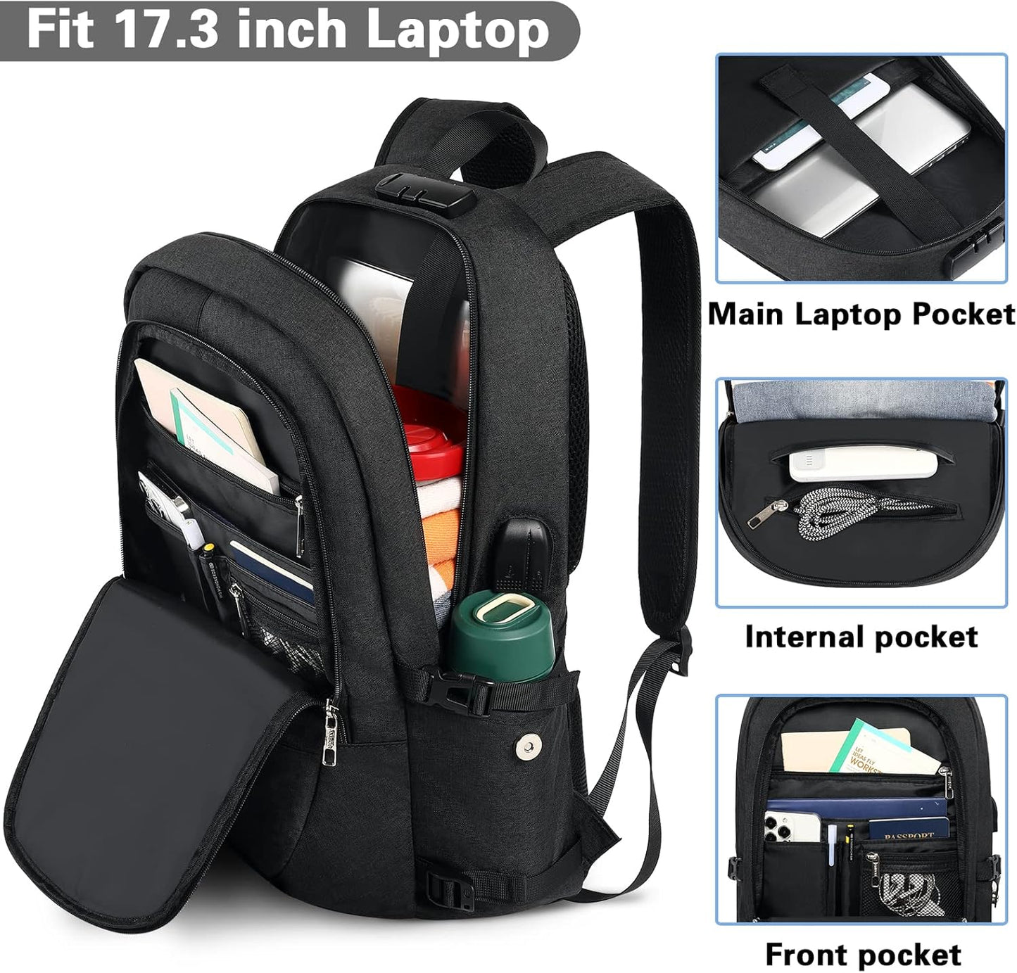 AMBOR Travel Laptop Backpack for Ｍen, 15.6-17.3 inch Laptop Backpack for School, Anti Theft Business Work Backpack with USB Charging Port, Water Resistant College Computer Bag for Men & Women, Black - Roamly