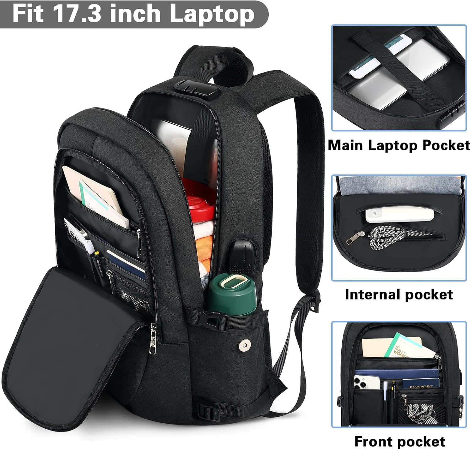 AMBOR Travel Laptop Backpack for Ｍen, 15.6-17.3 inch Laptop Backpack for School, Anti Theft Business Work Backpack with USB Charging Port, Water Resistant College Computer Bag for Men & Women, Black - Roamly