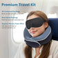 Orthopedic Neck Pillow Travel Neck Pillows for Airplanes, Memory Foam Kit, Updated Resting Material, Airplane Travel Set with 3D Contoured Eye Masks, Earplugs, and Luxury Mesh Bag (Blue)