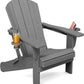 SERWALL Folding Adirondack Chair, Dual Cup Holders & All-Weather HDPE, Wood-Like Patio Chair for Backyard, Camping，Pool & Fire Pit- Grey