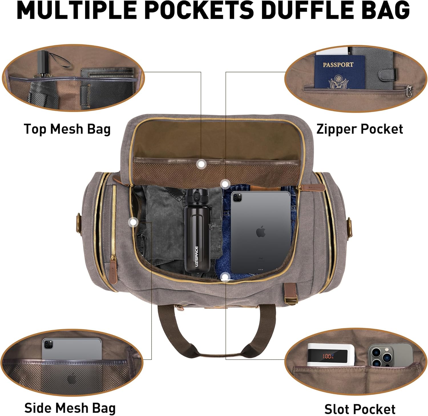 Vintage Canvas Duffle Bag, 50L Genuine Leather Travel Duffel Backpack Multifunctional Overnight Weekender Bag with Shoes Compartment Men (Grey) - Roamly