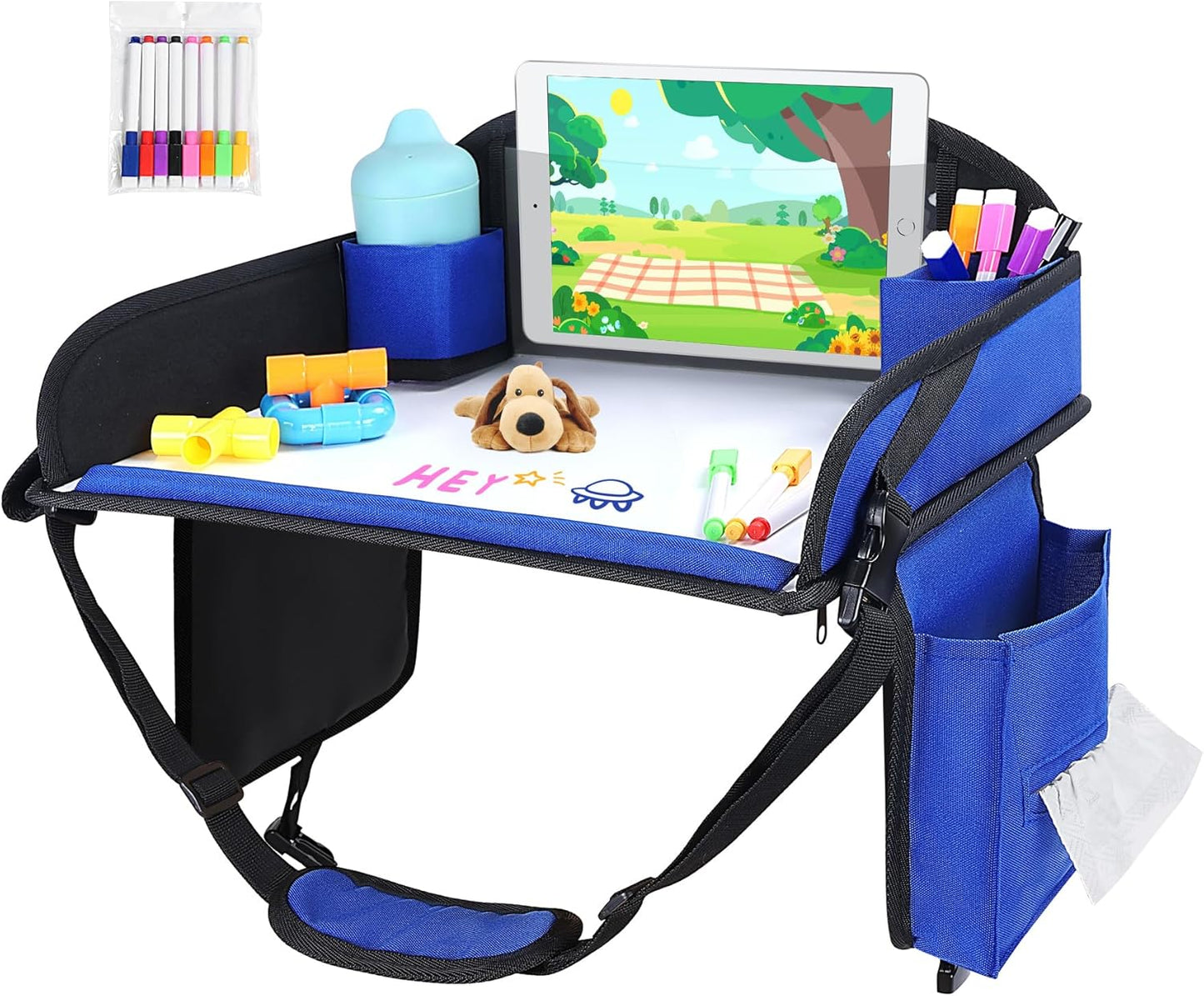 Kids Travel Tray, Travel Tray For Kids Car Seat, Toddler Road Trip Essentials With Drawing Kit, Carseat Tray For Kids Travel, Travel Activities Road Trip Must Haves For Kids (Navy Blue)
