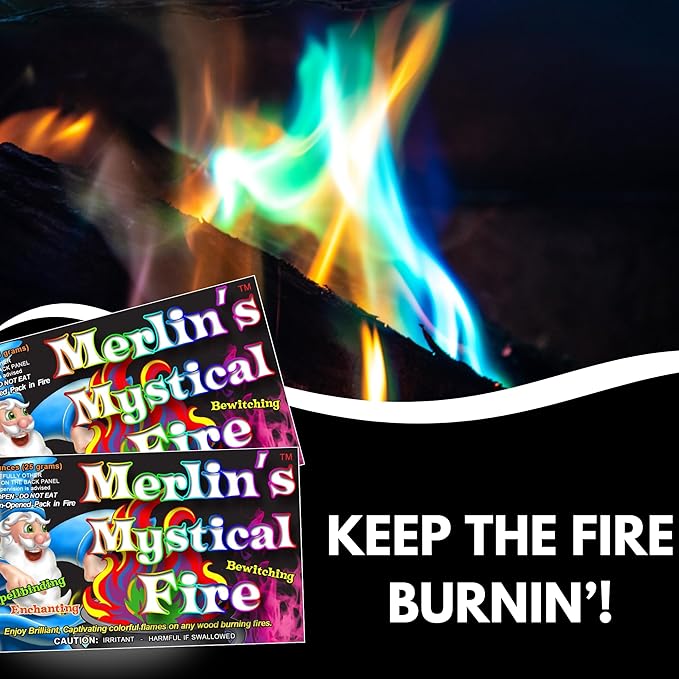 Merlin's Mystical Fire Color Changing Packets- Pack of 6, 0.882 oz Each- Long Lasting Enchanted Multi-Color Magical Flames- Flame Color Changer for Fire Pits & Outdoor Fireplaces- Campfire Accessories