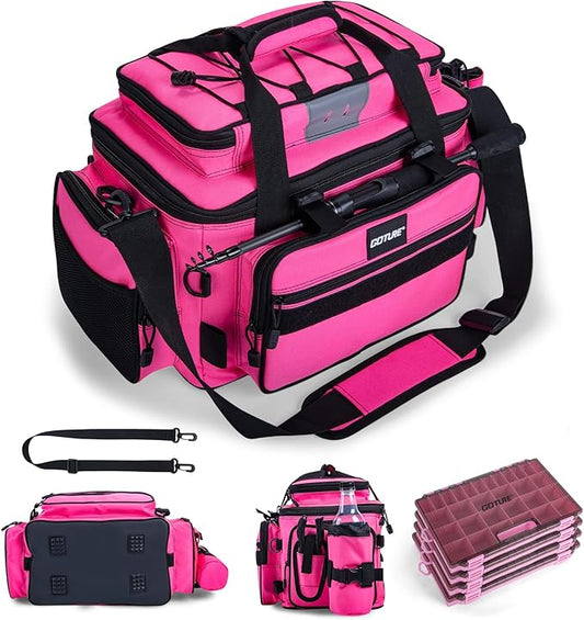 Goture Fishing Tackle Bag with 4pcs 3600 Tackle Boxes, 600D Water-Resistant Soft Side Saltwater Gear Storage Fishing Bag with Rod Straps, Detachable Water Bottle Pouch, Waterproof Bottom, SBS Zippers