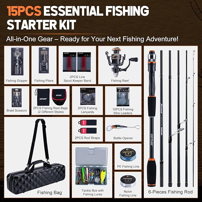Goture Spinning Fishing Rod & Reel Combo with Carrier Bag,6.6-9FT,Spin Reels, Lures Kit, Pliers, Braided Line, Fish Gripper, Carbon Fiber Freshwater Fishing Rod Full Kit for Starter