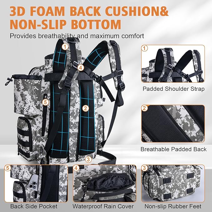 Goture Fishing Backpack, 58L 900D Water-Resistant Insulated Tackle Backpack with Cooler, Rod Holders, 8 Lure Pockets, Detachable Crossbody Bag, Gear Storage Large Fishing Bag for Camping Hiking