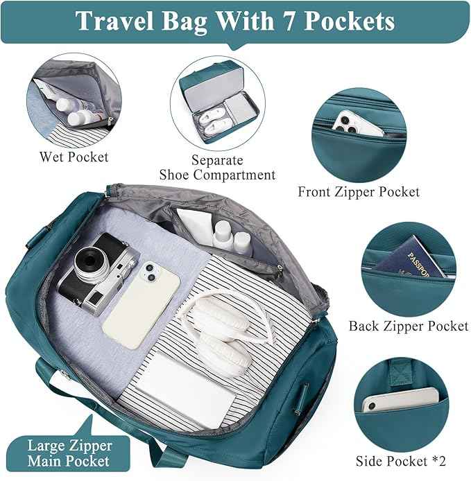 Extra Large Travel Duffle Bag,Carry on Overnight Bag with Shoes Compartment,Weekender Bags for Women for Travel Business Trips Sport Hospital,3 Pcs Set,Peacock Blue