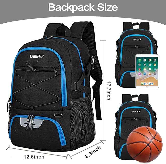 LARIPOP Basketball Bag, Sports Backpack with Ball Holder & Shoe Compartment, Water Resistant Gym Bag for Soccer Volleyball Travel