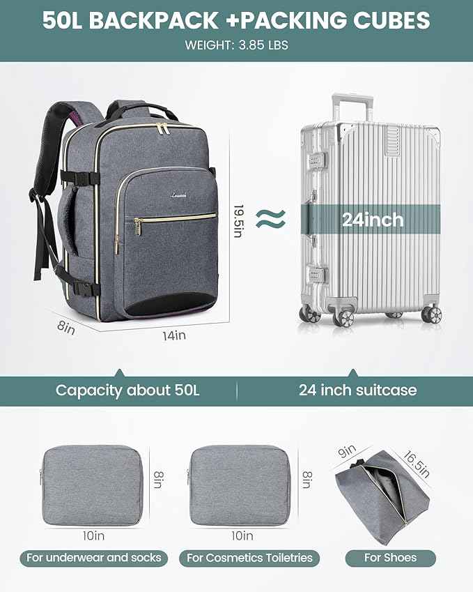 LOVEVOOK Travel Backpack for Women & Men 50L,Airline Approved Carry On Backpack Travel Essentials,TSA Carry on Luggage,Waterproof Personal Item Travel Bag,Suitcase with 3 Packing Cubes,Gray-Black
