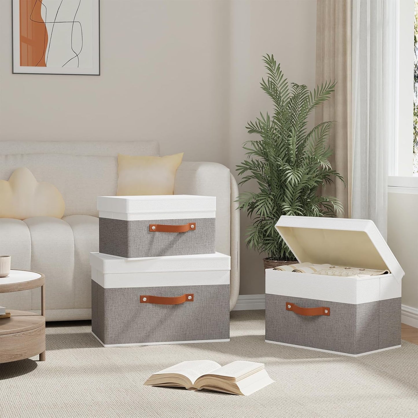Fabric Storage Bins with Lids, 3 Pack Linen Foldable Cloth Baskets, 15 x 9.8 x 9.8 Inch Closet Organizer Containers with Double Handles, Sweater Boxes for Bedroom, White and Grey