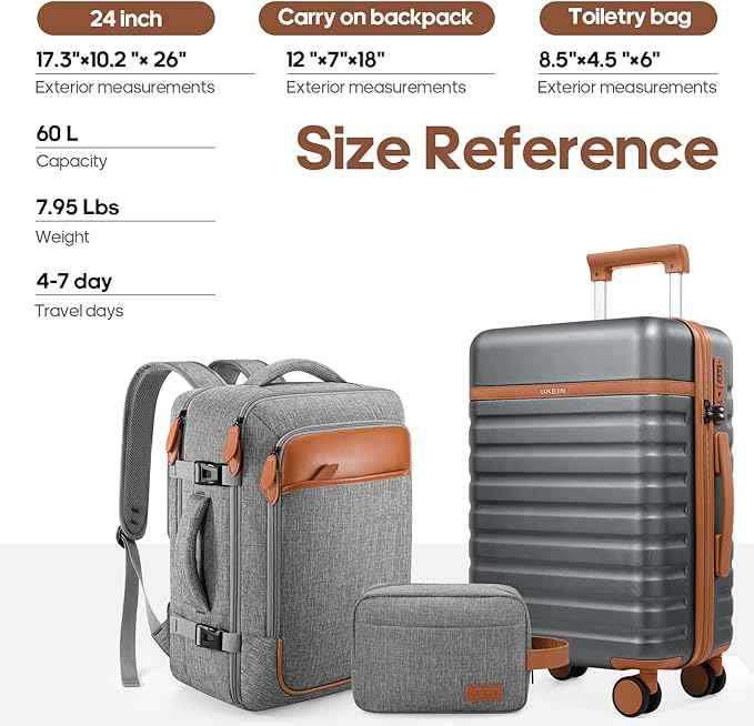 UKEIN Luggage Sets 3 Piece, PC Hardside Large Luggage 24 Inch With Spinner Wheels with TSA Lock, Carry On Suitcase Set With Travel Backpack (Grey, 3 piece set (24inch))