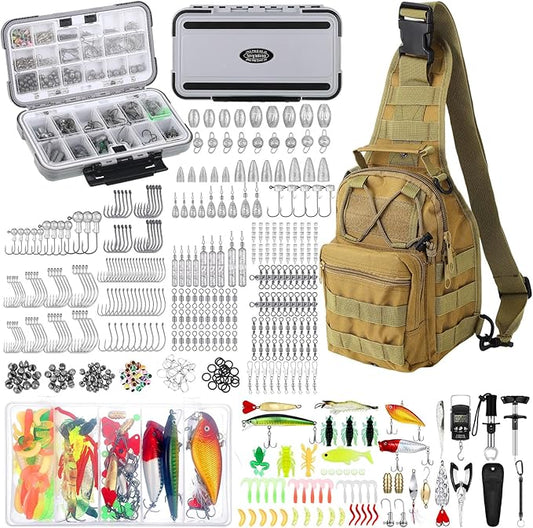 Sosation 482 Pcs Fishing Gifts for Men Fishing Sling Bag Tool Gear Equipment Accessories Kit Fish Backpack Tackle Box with Tackle Included Fish Hook Remover Tool Lures Lip Gripper