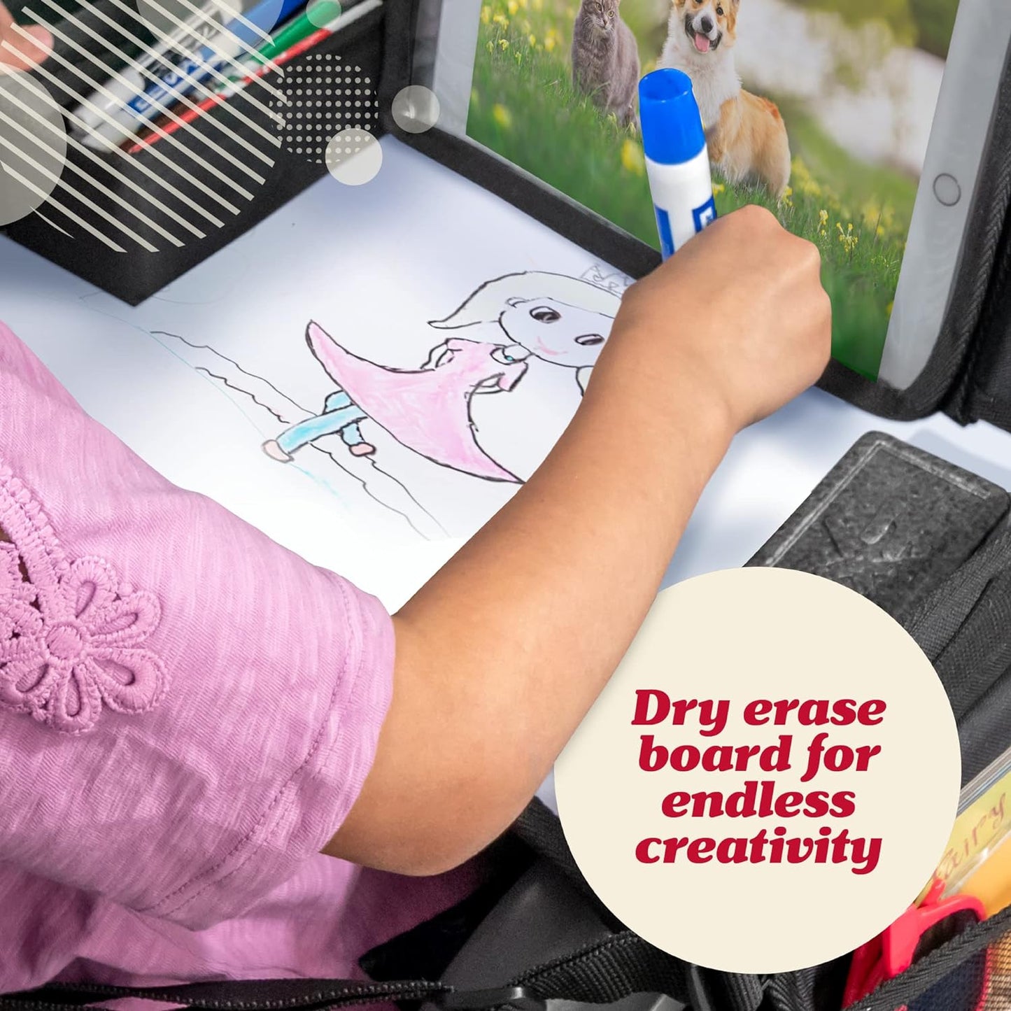 Lusso Gear Kids Travel Tray for Car - Summer Road Trip Essentials for Kids - Car Seat Tray for Travel - Toddler Travel Lap Desk and Organizer - Holds Snacks, Water Bottle, Toys (Blue)