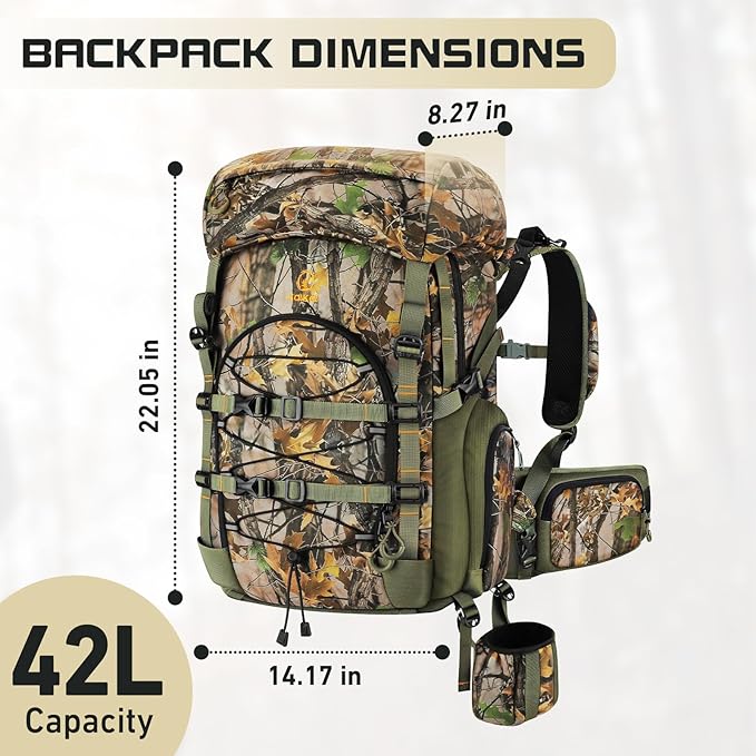 Kalkal Hunting Backpack with Buckle Quick-Release Rifle System, 42L Waterproof Silent Camo Bow Hunting Pack with Rain Cover