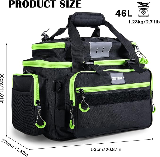 Goture Fishing Tackle Bag, Store Up to 4PCS 3700 Plus 2PCS 3600 Tackle Trays(Not Included), 600D Soft Side Gear Fishing Bag with Rod Straps,Detachable Water Bottle Pouch,Waterproof Bottom,SBS Zippers
