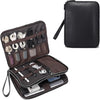 LANNSYNE Full Grain Leather Travel Cable Accessories Bag, Electronic Organizer Carry Case Double Layer Storage Case for Cables, Charger, Phone, Power Bank