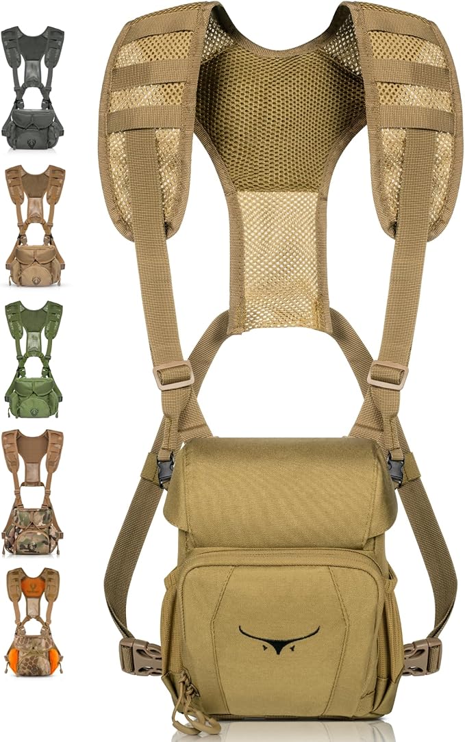 Binocular Harness Chest Pack - Lightweight Hunting Chest Rig with Rangefinder Pouch, MOLLE System Bino Harness for Bow Hunting, Tactical Chest Pack for Men, Veteran Owned Gear, Coyote