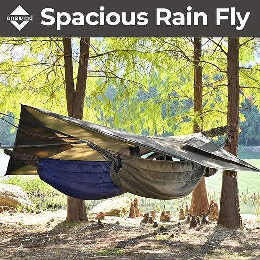 onewind Camping Hammock with Rain Fly and Bug Net Portable Lightweight 11ft Double Hammock with 12ft Ultralight Silnylon Tarp and Mosquito Net Ridgeline 12Ft Tree Straps for Camping Hiking Backpacking