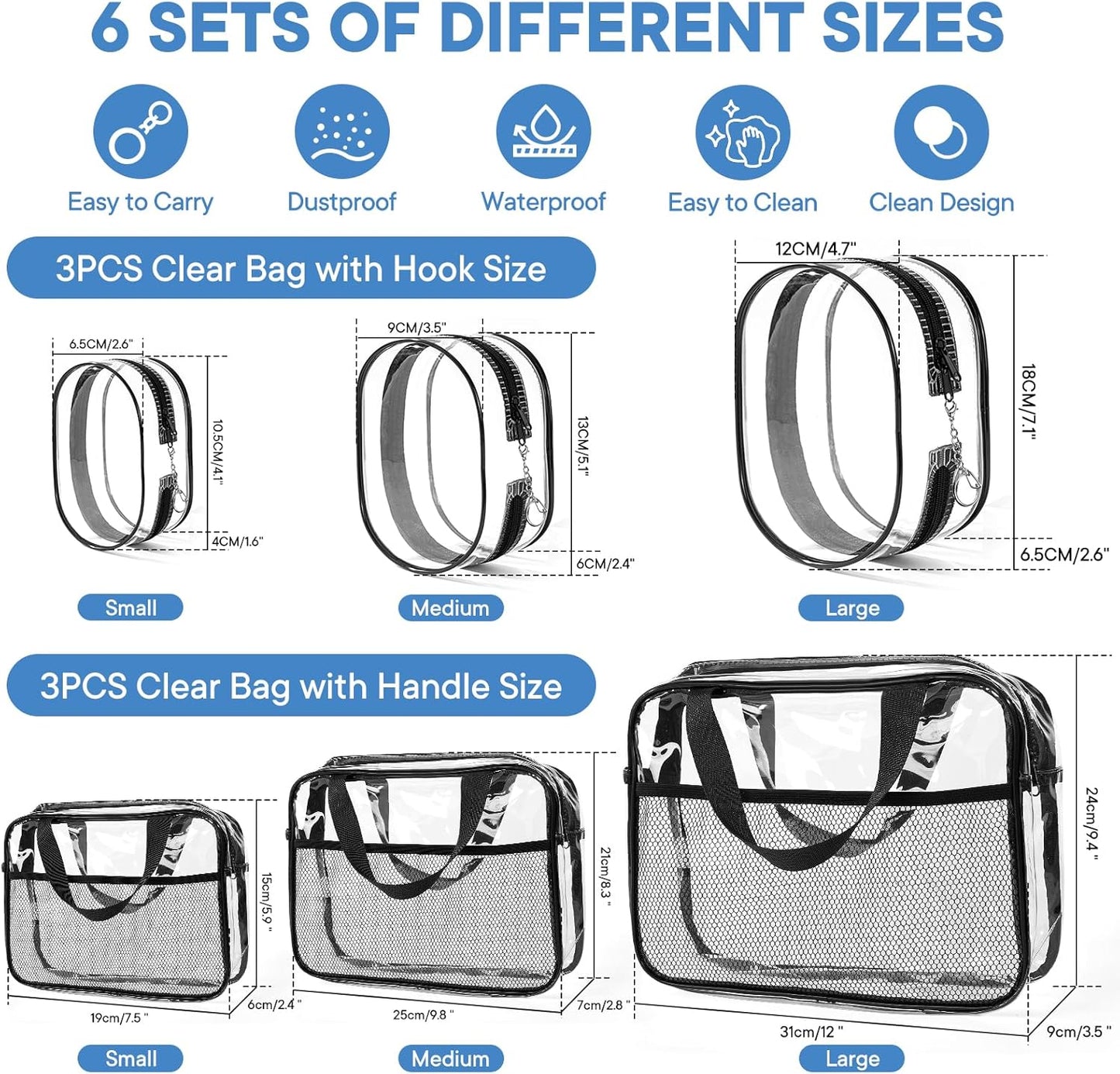 XEWEA Clear Travel Toiletry Bags & Small Electronic Accessories Organizer Case, 6 PCS TSA Approved Transparent Makeup Bag for Women Men, Waterproof PVC Quart Pouch with Zipper for Airline Essentials - Roamly