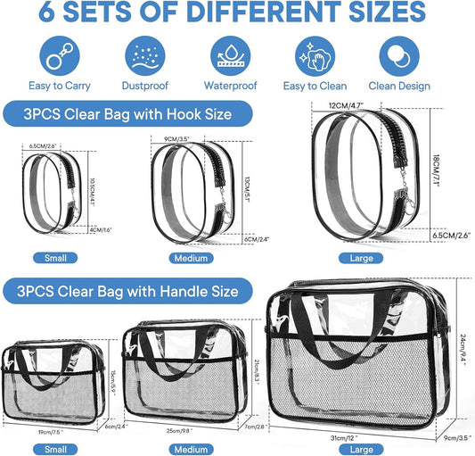 XEWEA Clear Travel Toiletry Bags & Small Electronic Accessories Organizer Case, 6 PCS TSA Approved Transparent Makeup Bag for Women Men, Waterproof PVC Quart Pouch with Zipper for Airline Essentials - Roamly