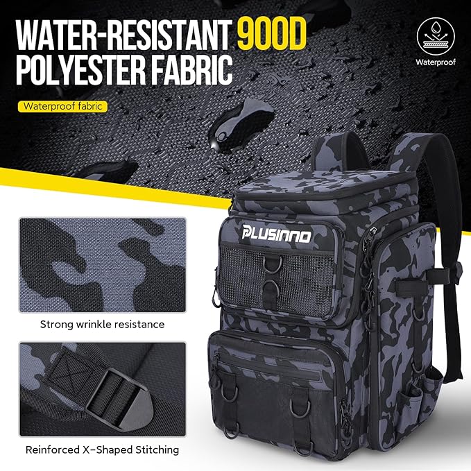 PLUSINNO Fishing Backpack with Fishing Rod Gear Holders Tackle Box, 42L Large Water-resistant Tackle Backpack Store Tools, Gear