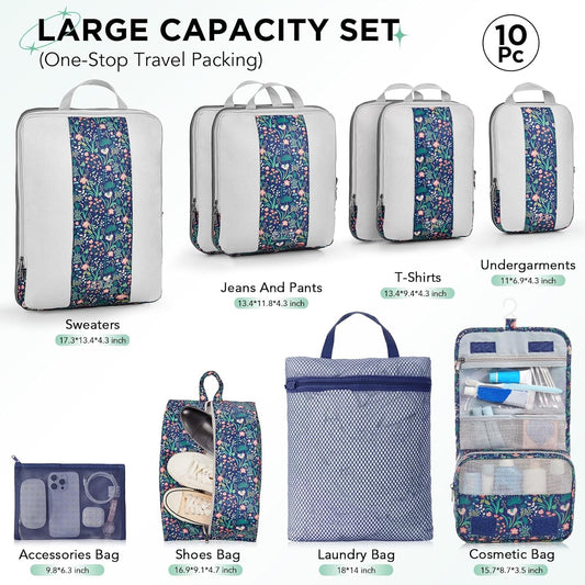 10 Set Compression Packing Cubes for Travel Essentials,Compressible Expandable Packing Cubes for Suitcase,OlarHike Luggage Organizer Bags,Handy Helper for Organizing Clothes(Dark Blue Floral) - Roamly