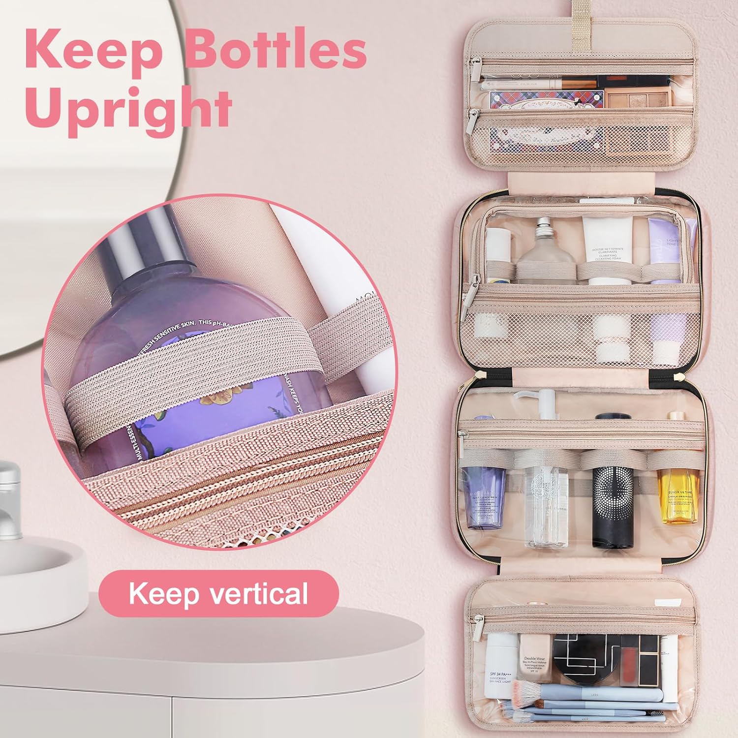 Wedama Toiletry Bag for Women, Medium Cosmetic Travel Bag, Hanging Toiletry Bag for Bathroom, Thickened PVC Waterproof Makeup Bag, Toiletries Bag for Travel Business Trips and Camping, Baby Pink - Roamly