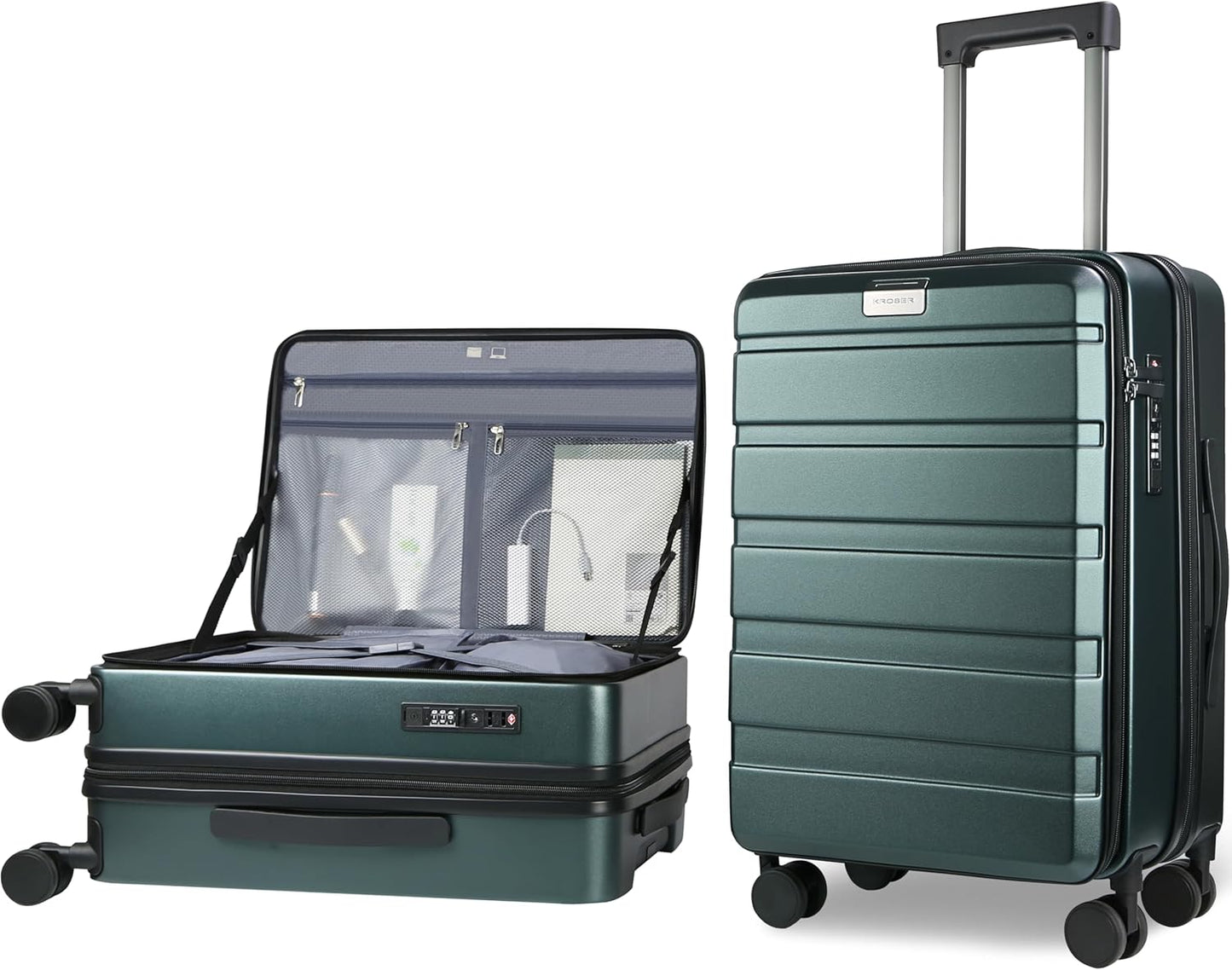 KROSER Carry On Luggage with Spinner Wheels & Built-in TSA Lock, Expandable Top Loading Hard Shell Suitcase Large Capacity Durable Rolling Luggage with USB Port, Carry-On 20-Inch, Dark Green - Roamly