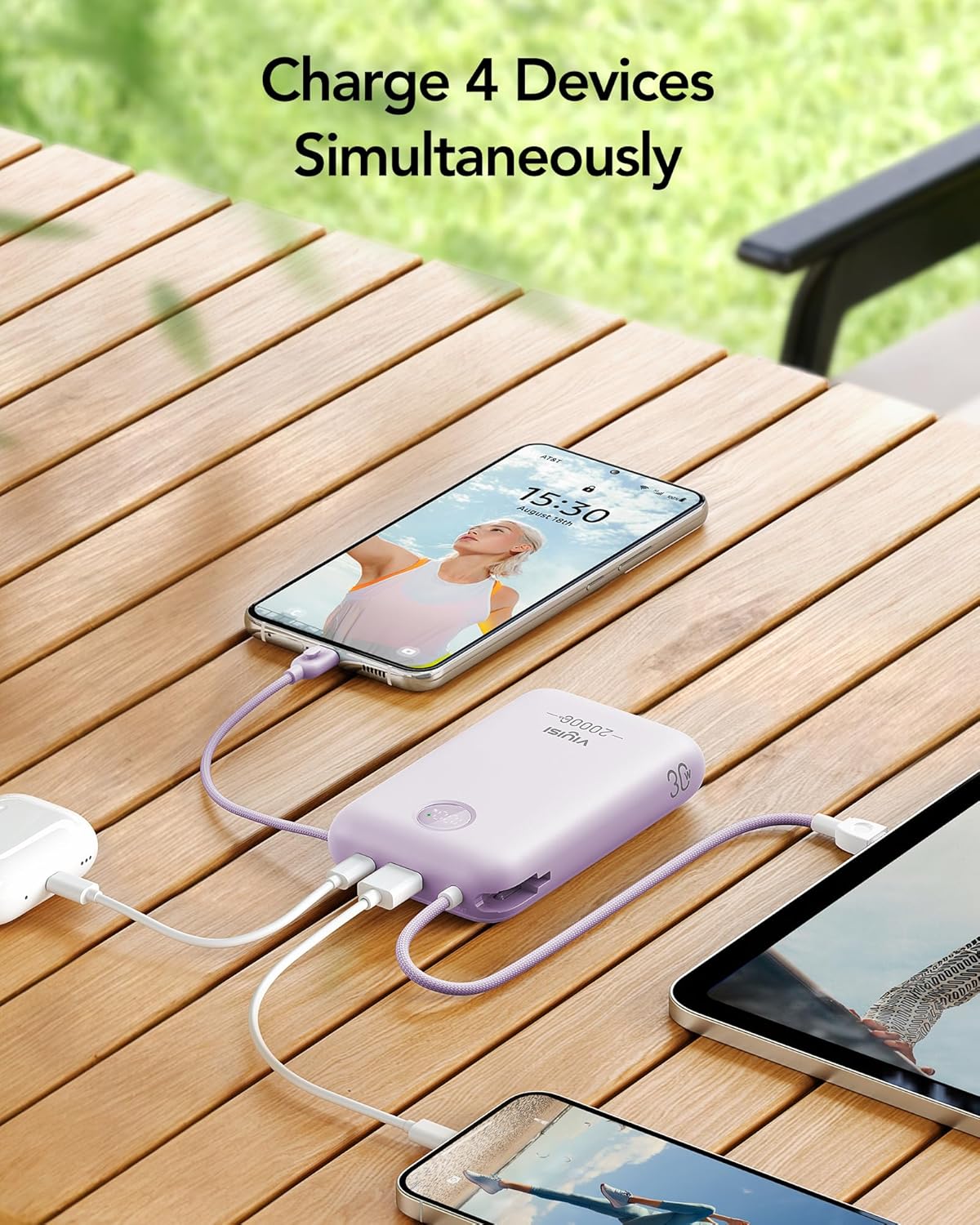 Portable Charger 20000mAh 30W Fast Charging, Power Bank with Built-in Cables & LED Display, USB C Battery Pack for iPhone 16/15/14, Samsung, iPad and Android Phones, Ideal for Travel -Purple