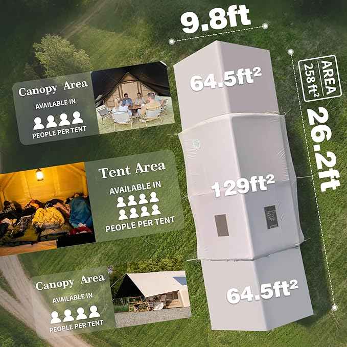 Inflatable Camping Tents 8-10 Person,129 Square Feets Large Inflatable Camping Tent with Stove Jack,Blow up Tent with Mesh Windows & Pump