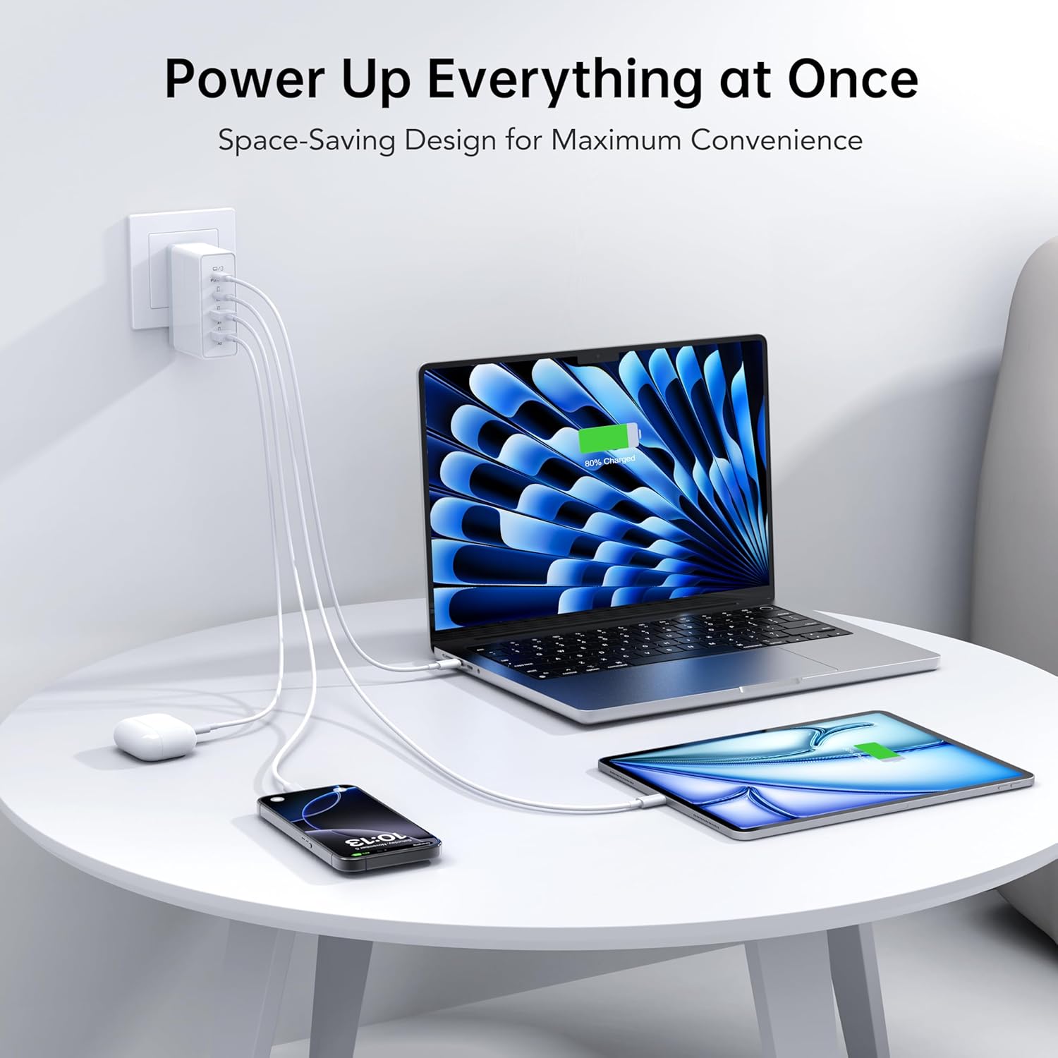 140W Mac Book Pro Charger,4 Port Flat Charging Station for Apple Type c Fast Wall Charger,USB C Port MacBook Pro &MacBook Air Adapter Plug Block for iPhone 16/15/14/13Pro Max, iPad, AirPods 4,Samsung - Roamly