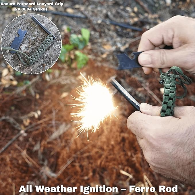 TinFerno Fire Starting Kit – 100pc Fire Starter for Campfires, Ferro Rod, Magnesium Flint, Char Cloth, Fatwood, Wax Rope, Hemp Wick, Camping, Hiking, Bushcraft & Gift - Emergency Fire Kit