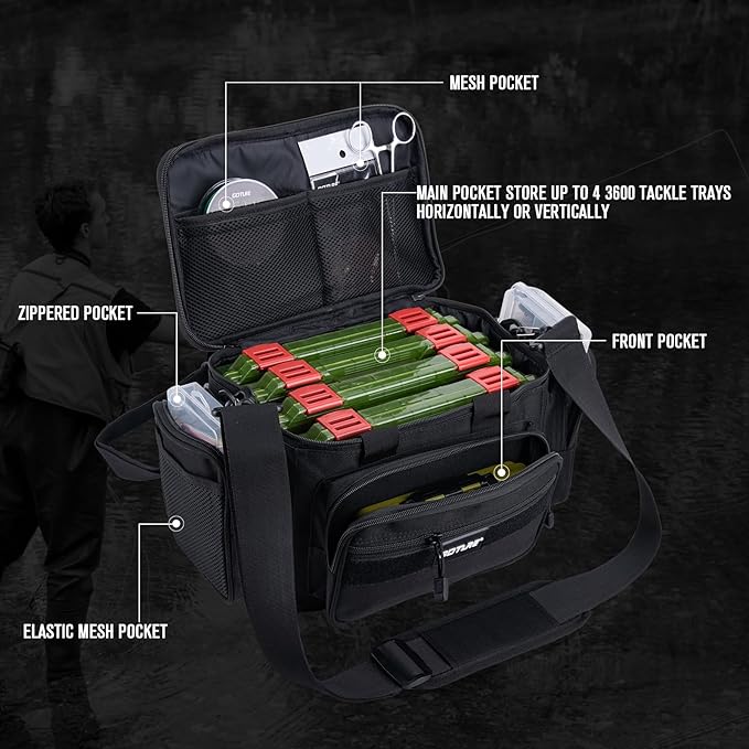 Goture Fishing Tackle Bag with 4 Tackle Boxes, Soft Side 600D Water-Resistant Cross Body Sling Fishing Bag, Small Saltwater Gear Storage Tactical Bags, Gifts for Men/Women (15.75"x9.45"x8.27")