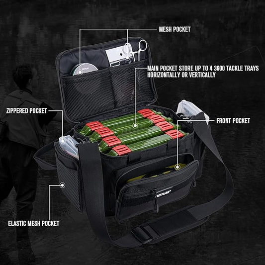 Goture Fishing Tackle Bag with 4 Tackle Boxes, Soft Side 600D Water-Resistant Cross Body Sling Fishing Bag, Small Saltwater Gear Storage Tactical Bags, Gifts for Men/Women (15.75"x9.45"x8.27")